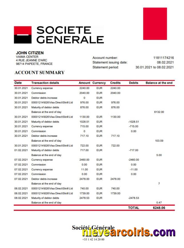 France Société Générale bank statement